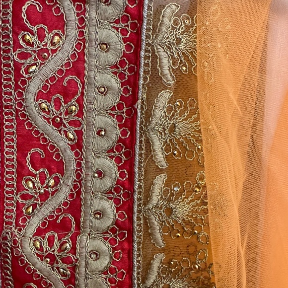 Orange and red net dupatta with gold thread-work and sequins - Picture 1 of 6